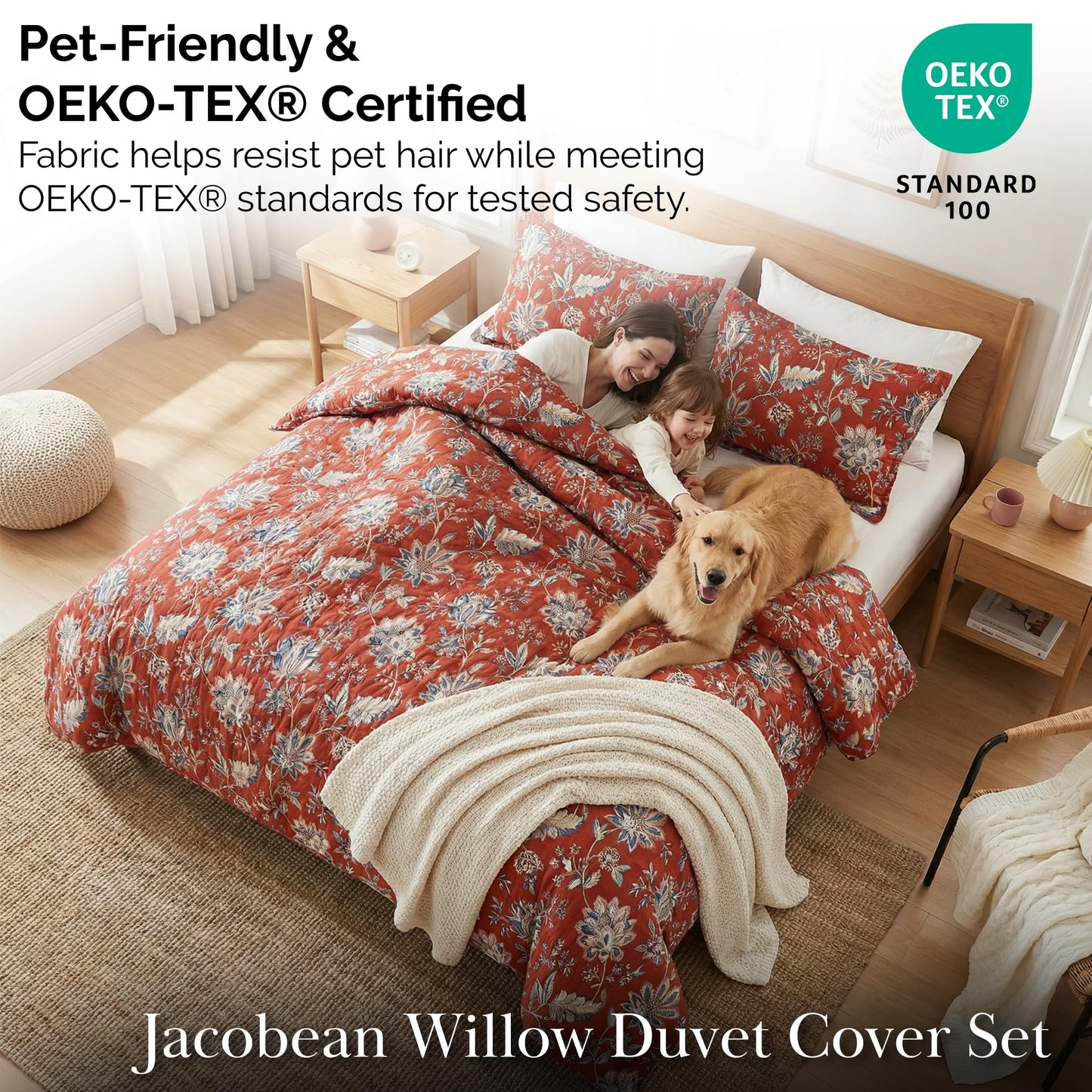 Southshore Fine Living, Inc. Oversized California King Duvet Cover - Red Floral Cal King Duvet Cover Set - Ultra Soft Microfiber, Fade Resistant - Zipper Closure, 2 Pillow Shams - Jacobean Willow Red