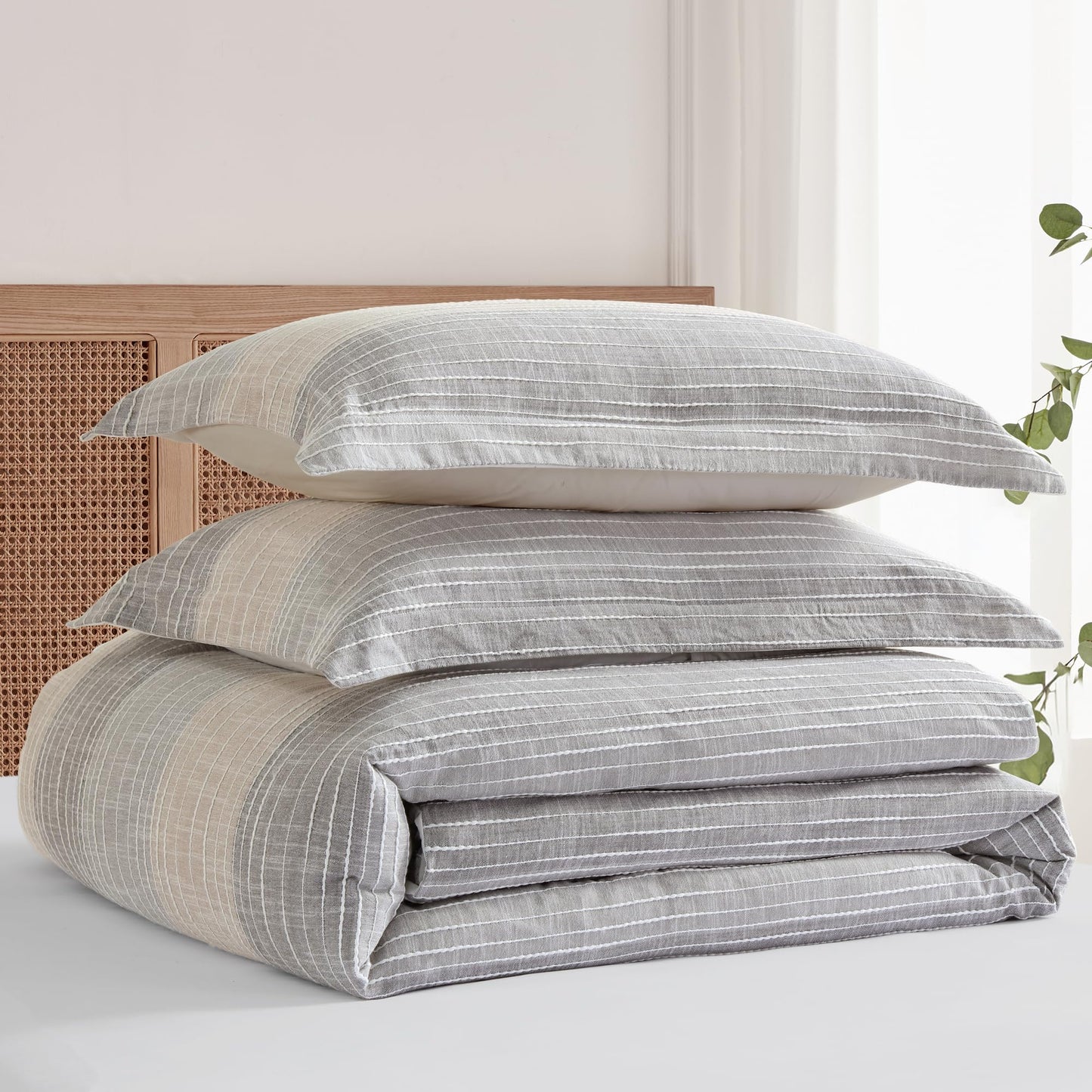 Levtex Home Sand Stripes Natural Twin/Twin XL Comforter Set (68x88in) with 1 Pillowcase (26x20in) - Woven Jacquard Stripe - Tan, Chambray, Blue - Cotton Twin Size Comforter Set - Soft, Pre-Washed