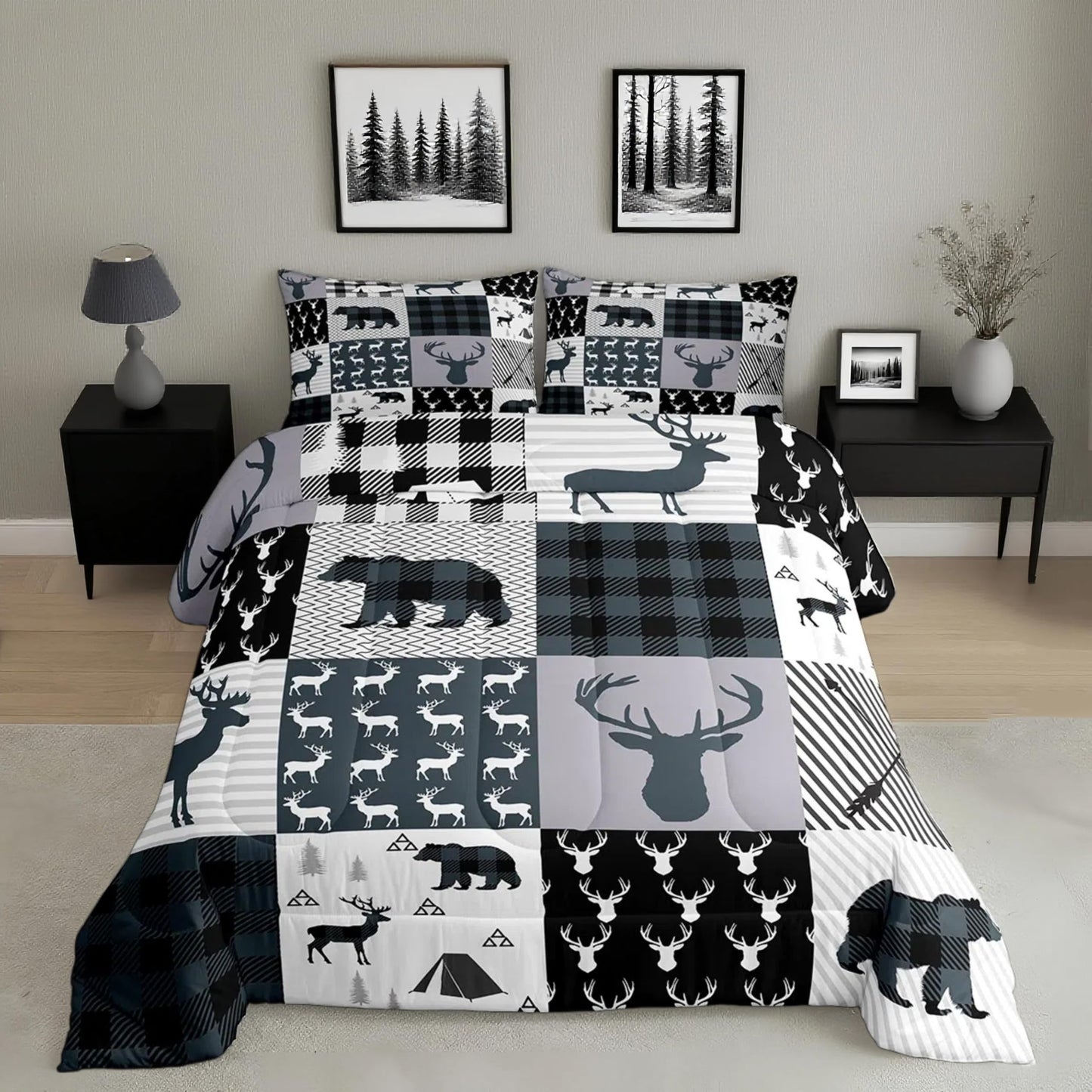 Feelyou Rustic Deer Bear Comforter Set Twin, Camping Hunting Comforter Set for Kids Western Farmhouse Comforter Bear Antler Silhouette Duvet Set Breathable Quilt Set 2Pcs