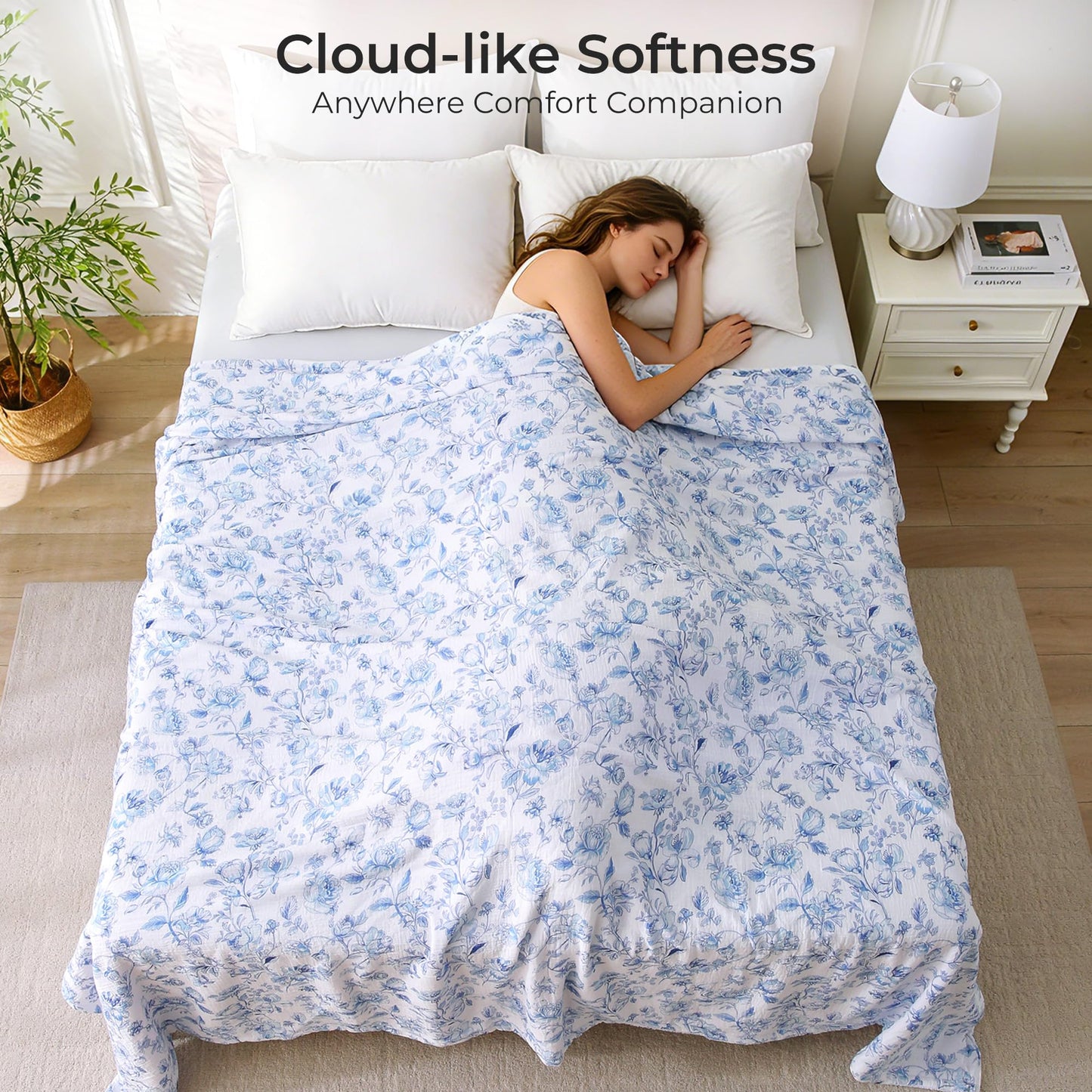 Muslin Blankets for Adults Reversible Throw Fleece & Gauze, Soft Cozy Lightweight Breathable Blue Floral Blanket for Bed Couch, Double Layer Muslin Throw Cover 90"x90"
