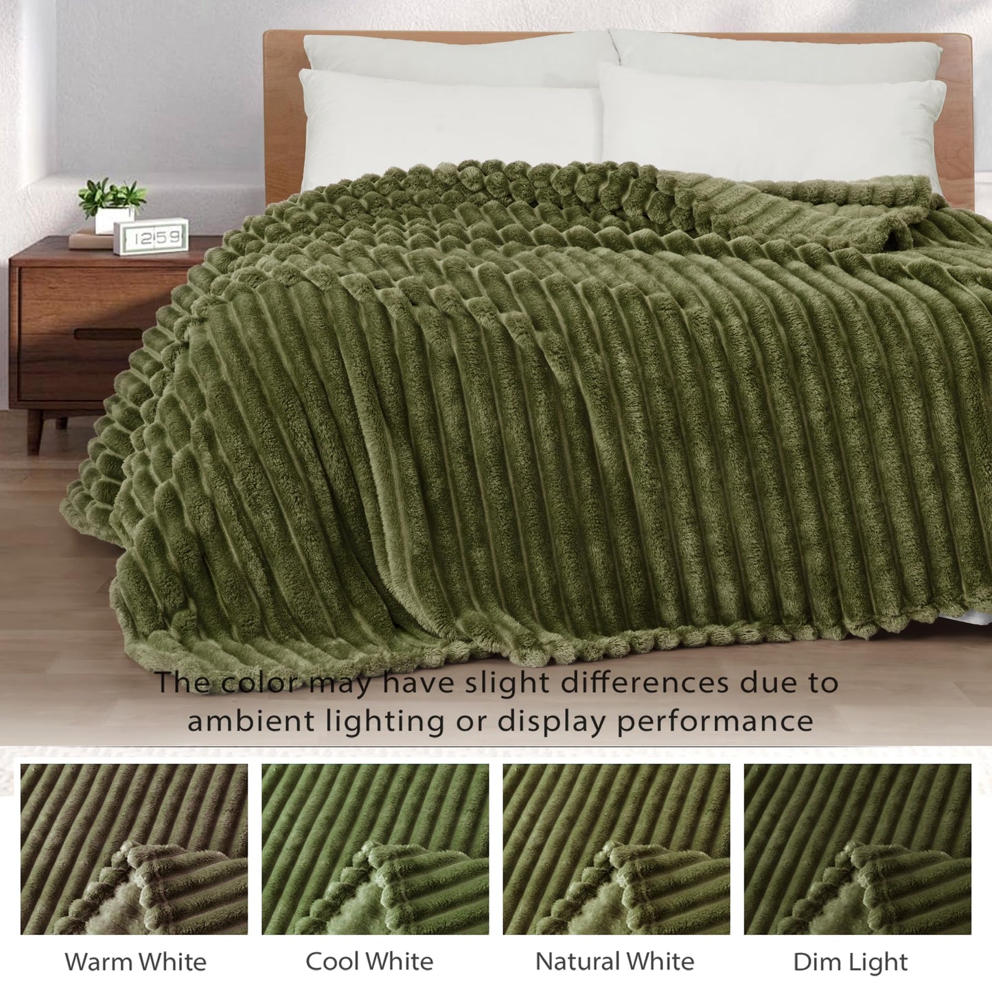 Exclusivo Mezcla Fleece Throw Blanket for Couch, Super Soft Striped Jacquard Bed Blanket, Lightweight Fuzzy Cozy for All Seasons, 50x60 Inches, Olive Green