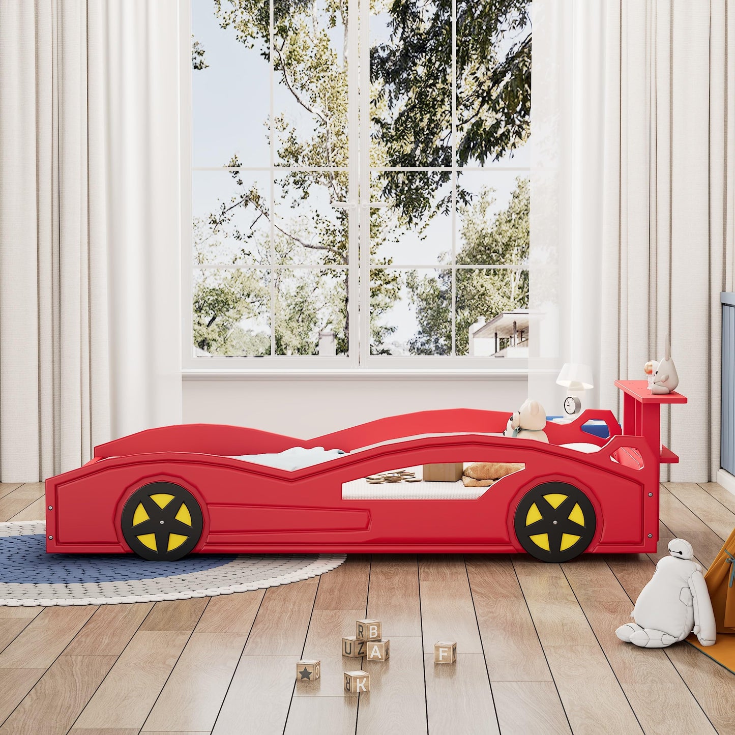 LUMISOL Twin Size Bed Frames for Kids, Race Car-Shaped Platform Bed Frame with Wheels & Guardrails for Boys Girls, No Box Spring Needed, Red+Yellow
