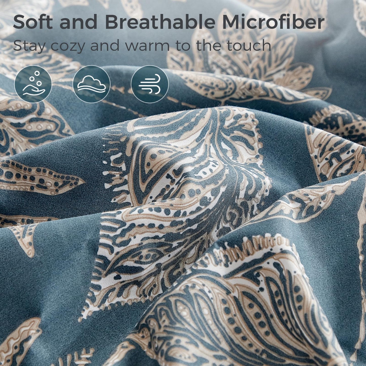 Tokokimo Paisley Sheets Set King Size, 16 inches Deep Pocket Fitted Sheet, Flat Sheet & Envelope Closure Pillowcases, Soft Breathable Microfiber Sheet Set 4-Piece, Blue Leaf Floral