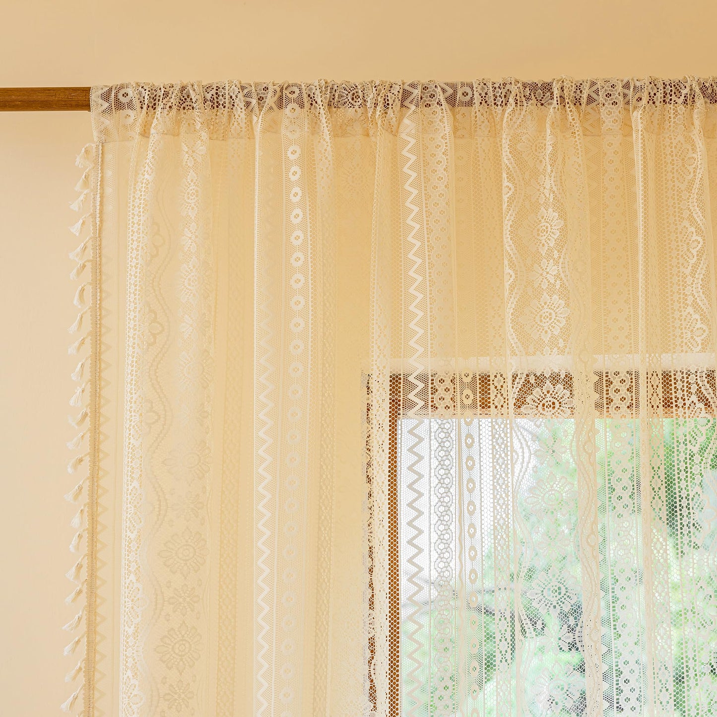 MYSKY HOME Beige Boho Lace Sheer Curtains with Tassels 84 Inch Length 2 Panels Vintage Floral Bohemian Pattern French Rustic Crochet Geometry Striped Rod Pocket Drapes for Living Room Bedroom, 55" W