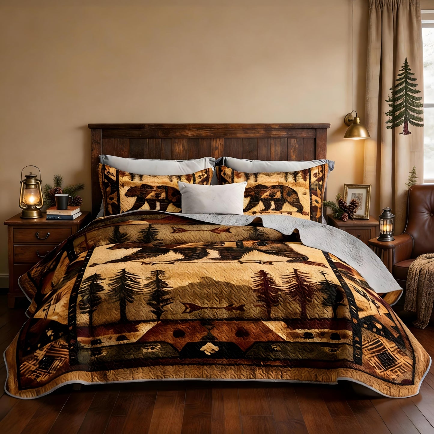 UEVBF Rustic Cabin Brown Bear Quilts Set Queen Size,3Pcs Retro Mountains and Arrows Bedspread for Hunting Themed Room Decor,Ethnic Country Style Bedding Sets with 2 Pillowcases.