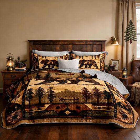 UEVBF Rustic Cabin Brown Bear Quilts Set Queen Size,3Pcs Retro Mountains and Arrows Bedspread for Hunting Themed Room Decor,Ethnic Country Style Bedding Sets with 2 Pillowcases.