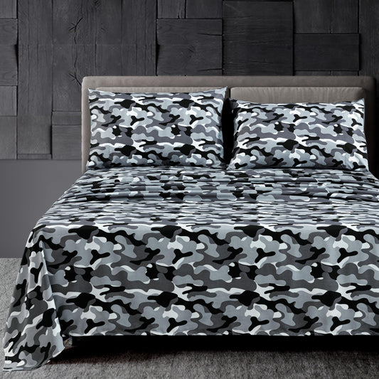 Chezmoi Collection Military Camo 4-Piece Sheet Set - Camouflage Black Gray Printed Microfiber Soft Breathable Deep Pocket Sheets and Pillowcases Set, Queen Size