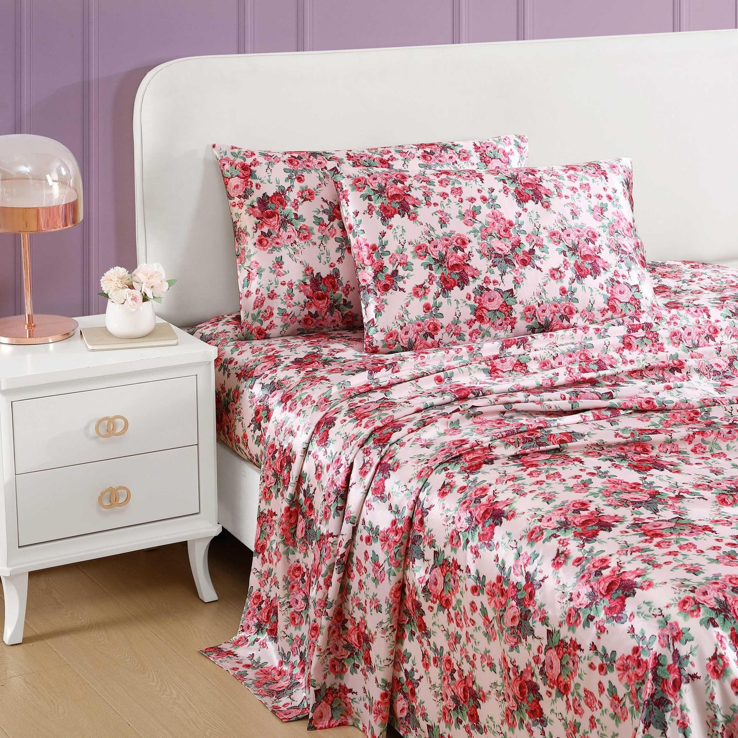 Betsey Johnson - King Bed Sheets, Satin Bedding Set with Matching Pillowcases, Wrinkle & Fade Resistant, Silky Smooth for Healthy Hair (Vintage Floral Pink)