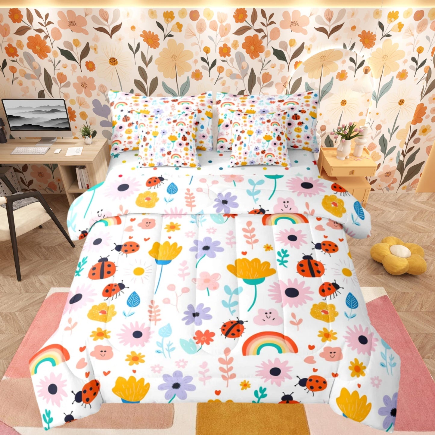 Feelyou Floral Queen Comforter Set with Sheets for Kids Boys Girls Butterfly 7 Pieces Bedding Set Cute Bed in a Bag Rainbow Room Decor Garden Plant Soft Lightweight Microfiber