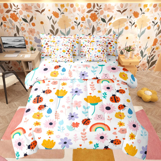 Feelyou Floral Queen Comforter Set with Sheets for Kids Boys Girls Butterfly 7 Pieces Bedding Set Cute Bed in a Bag Rainbow Room Decor Garden Plant Soft Lightweight Microfiber