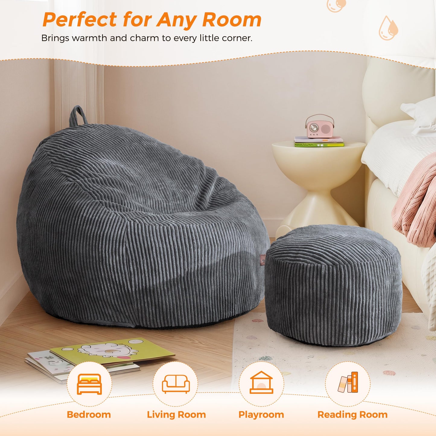 MAXYOYO Kids Bean Bag Chair with Ottoman, Soft Floor Bean Bag Sofa, Dark Grey