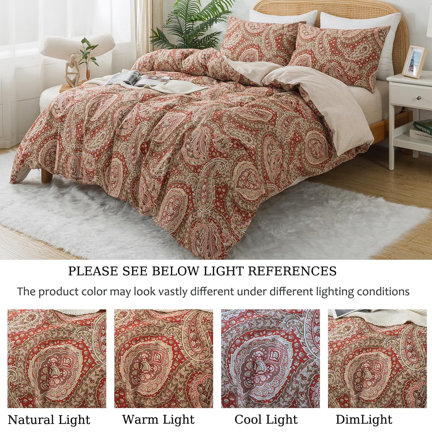 Zusbest Burgundy Duvet Cover Set Queen Size 100% Percale Cotton Red Beige Paisley Comforter Cover Toile Printed Bedding Luxury Crisp Soft Reversible Floral Bedding 3Pcs, Queen