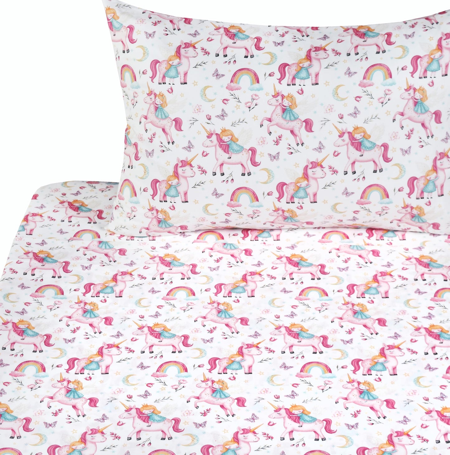 J-pinno Princess Unicorn Horse Pink Cute Adorable Twin Sheet Set for Kids Girls Boys Children,100% Cotton, Flat Sheet + Fitted Sheet + Pillowcase Bedding Decoration Gift Set