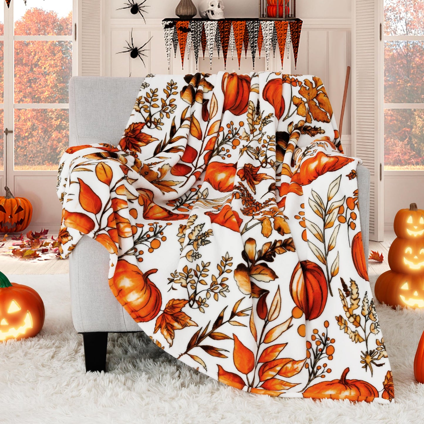 ROMROL Halloween Throw Blanket, Fall Throw Blankets, Fuzzy Fluffy Cozy Soft Throws, Pumpkin Leaves, Fleece Flannel Plush Blanket Halloween Fall Decor for Couch Bed Sofa (50" x 60")