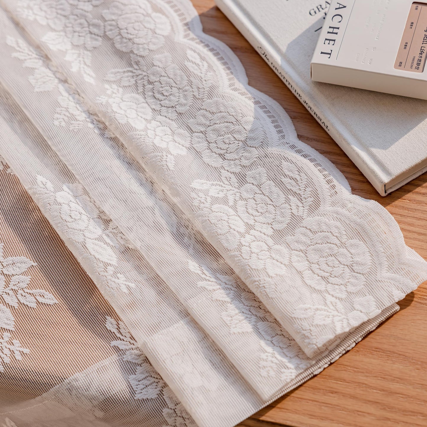Ivory Lace Curtains 84 Inch Long Vintage Rose with Scalloped Edges Semi Sheer Curtain Drapes for Living Room, Bedroom Cream Lace Window Sheer Curtains with Rod Pocket, 57"W x 84"L, 2 Panels