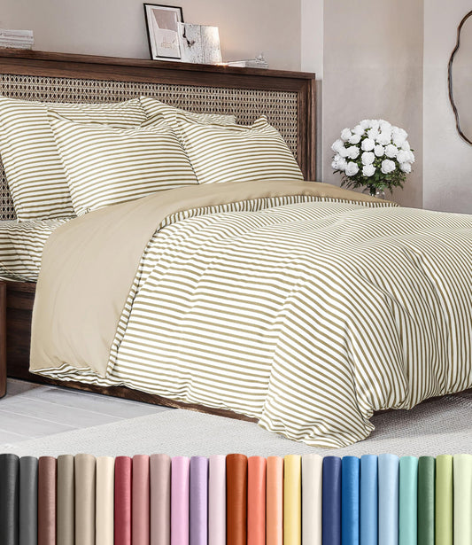 Duvet Cover Queen Size Set - Extra Soft Queen Size Duvet Cover 90 x 90 with 2 Pillow Shams - Hotel Luxury Easy Care & Fade Free w/Zipper Closures & Ties - Comfy Breathable Bedding Set (Beige Stripes)