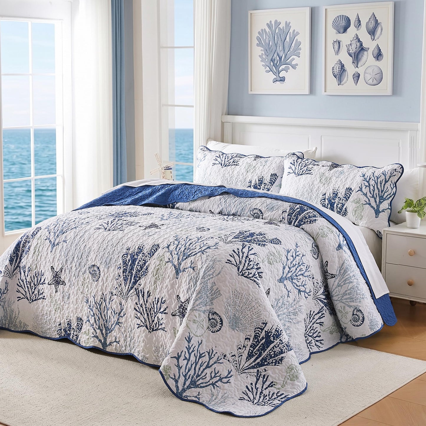 Qucover Coastal Quilt Sets King Size 106x98in, Reversible Microfiber Quilts with 2 Shams Soft Lightweight Beach Bedding Bedspread Coverlet Summer Comforter Set for All Season, Navy Blue