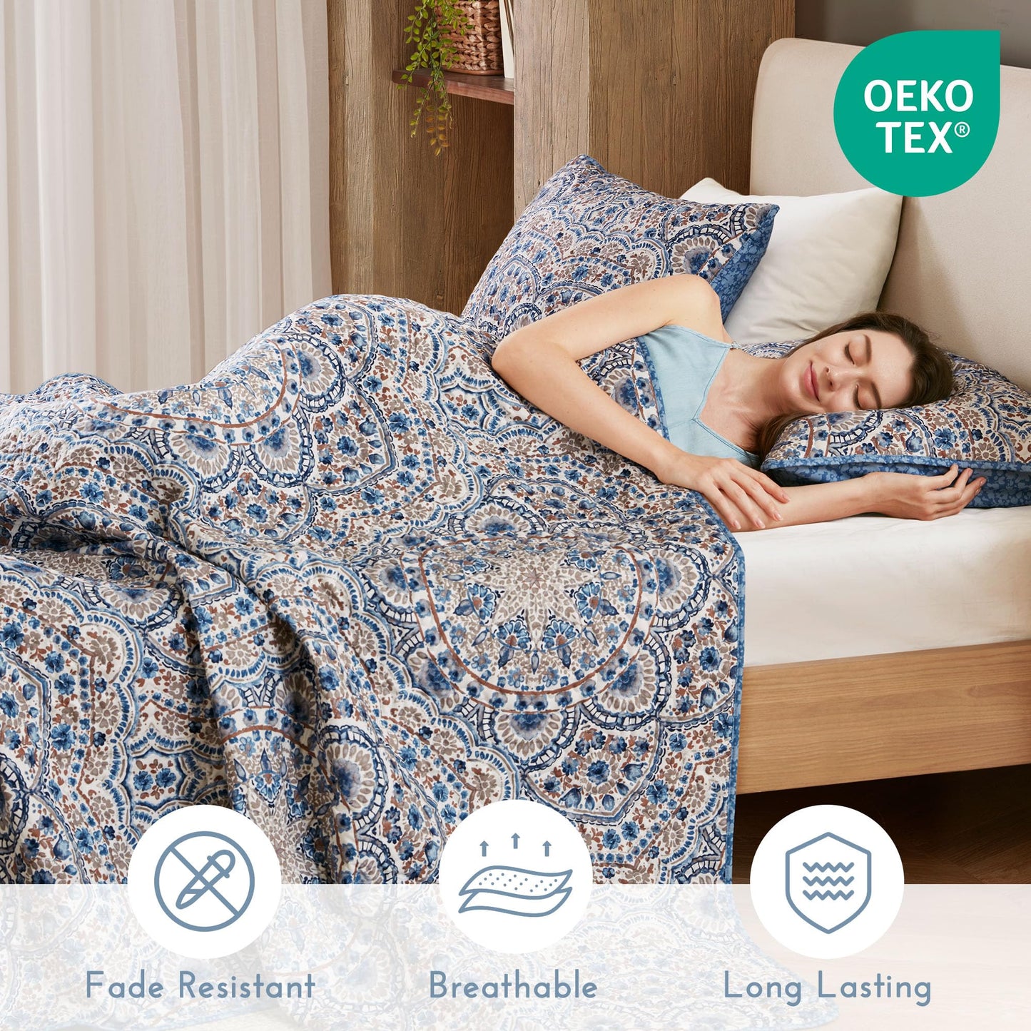 Comfort Spaces Valerie Boho Quilt Set Twin/Twin XL Blue - Soft Reversible Watercolor Medallion Bedding, Lightweight All Season Bedspread for Kids Teens Dorm Guest Room