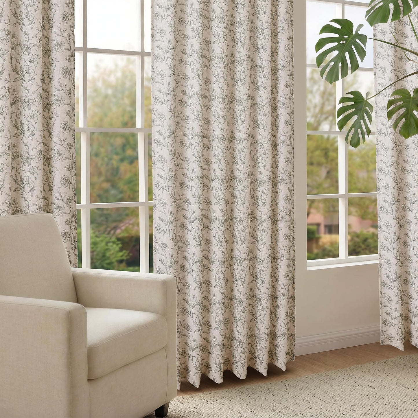 XWZO Green Floral Curtains 84 Inch Length Farmhouse Linen Curtain for Living Room Vintage Flower Botanical Patterned Curtains Rod Pocket Back Tab Bedroom Window Drapes Set 2 Panels