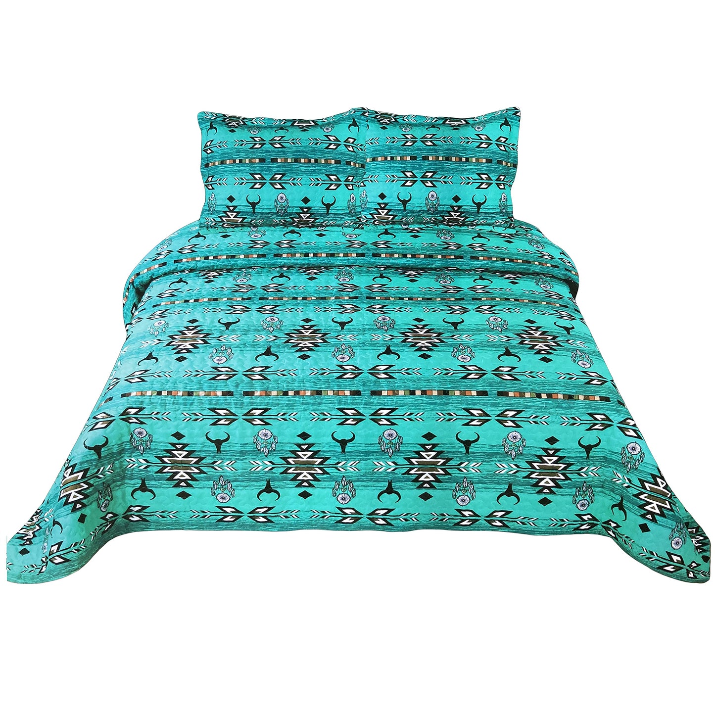 Western Peak Bull Skull Native Tribal Feather Artisan Southwestern Boho Design Quilt Bedding Set with Pillows (3 Piece Blue Teal, Queen)