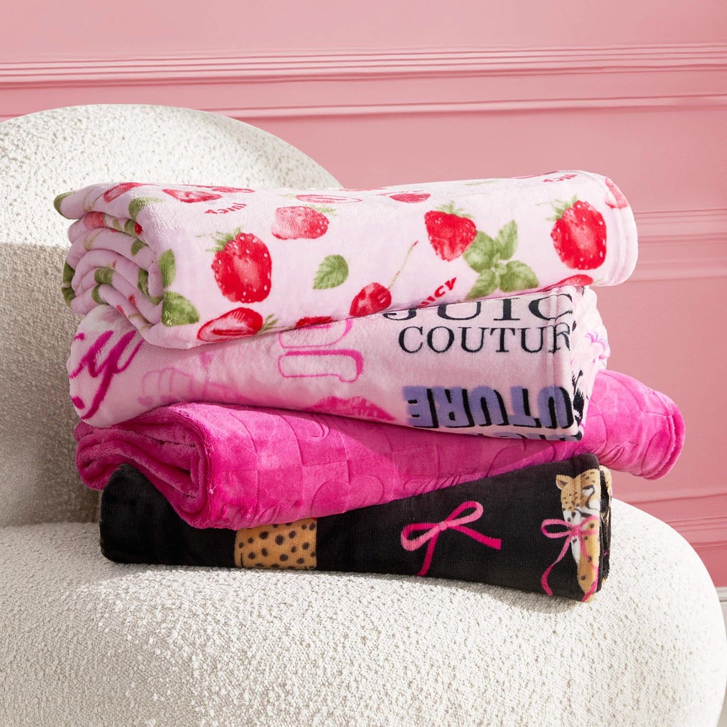 Juicy Couture Icon Collage 50" x 70" Plush Throw Blanket, Pink - Decorative Blankets for Sofas, Throws for Chairs, and Beds