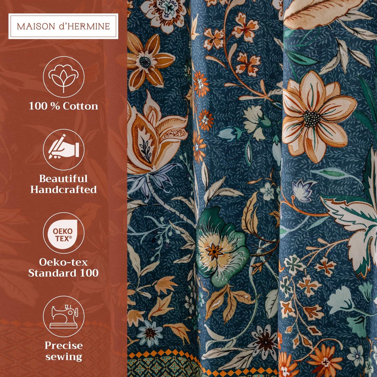 Maison d' Hermine Shower Curtain 100% Cotton One Panel 70"x72" Washable Fabric Shower Curtains for Bathroom, Easy Hanging with 12 Button Holes - Home Spa Spring Summer - Luxury Loft - Dark Teal
