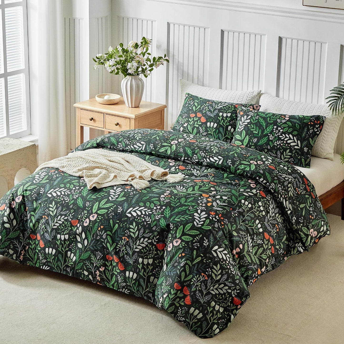 Lekesky King Size Reversible Duvet Cover, Duvet Cover King Size 3 Piece Romantic Garden Microfiber Botanical Bedding Set with Zipper Closure Corner Ties