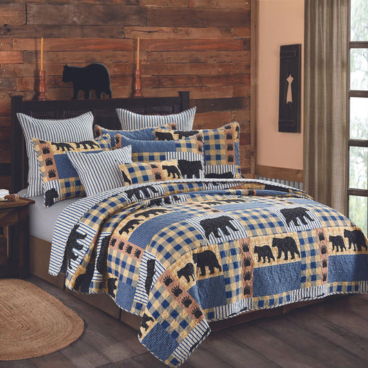 Virah Bella 3 Piece Queen Lodge Quilt Bedding Set - Black Bear Plaid - Rustic Cabin Country Reversible Camping Comforter Set with Decorative Pillow Shams, Blue/Black