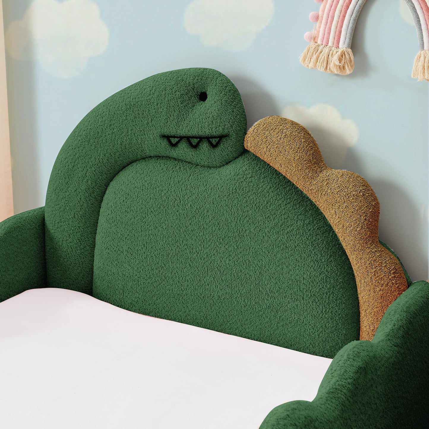 KEIKI Twin Size Upholstered Platform Bed Frame with Cute Dinosaur-Shaped Headboard, for Boys and Girls, Boucle Bed with Thickened Guardrail and Slats, No Box Spring Required, Easy Assembly, Green