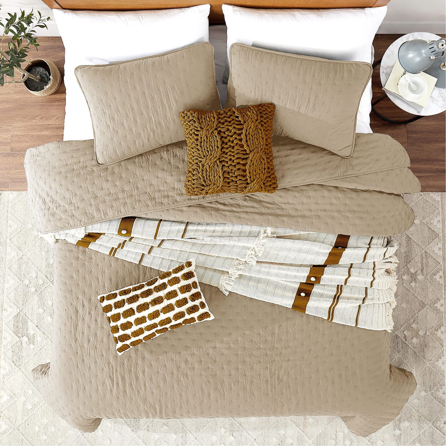 ROARINGWILD Beige Cloud Twin Size Quilt Bedding Sets with Pillow Sham, Farmhouse Lightweight Soft Bedspread Coverlet, All Season Rustic Country Thin Comforter, 2 Pieces, 68x90 inches, Tan Cream