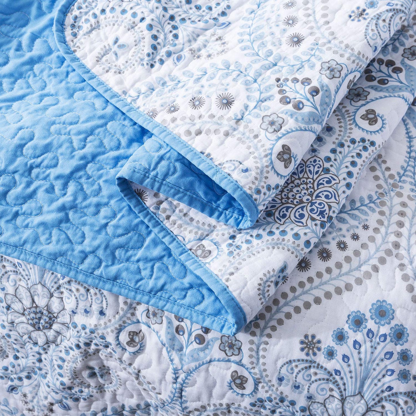 NEWLAKE Cotton Bedspread Quilt Sets-Reversible Patchwork Coverlet Set, Blue Classic Royal Pattern, Queen Size