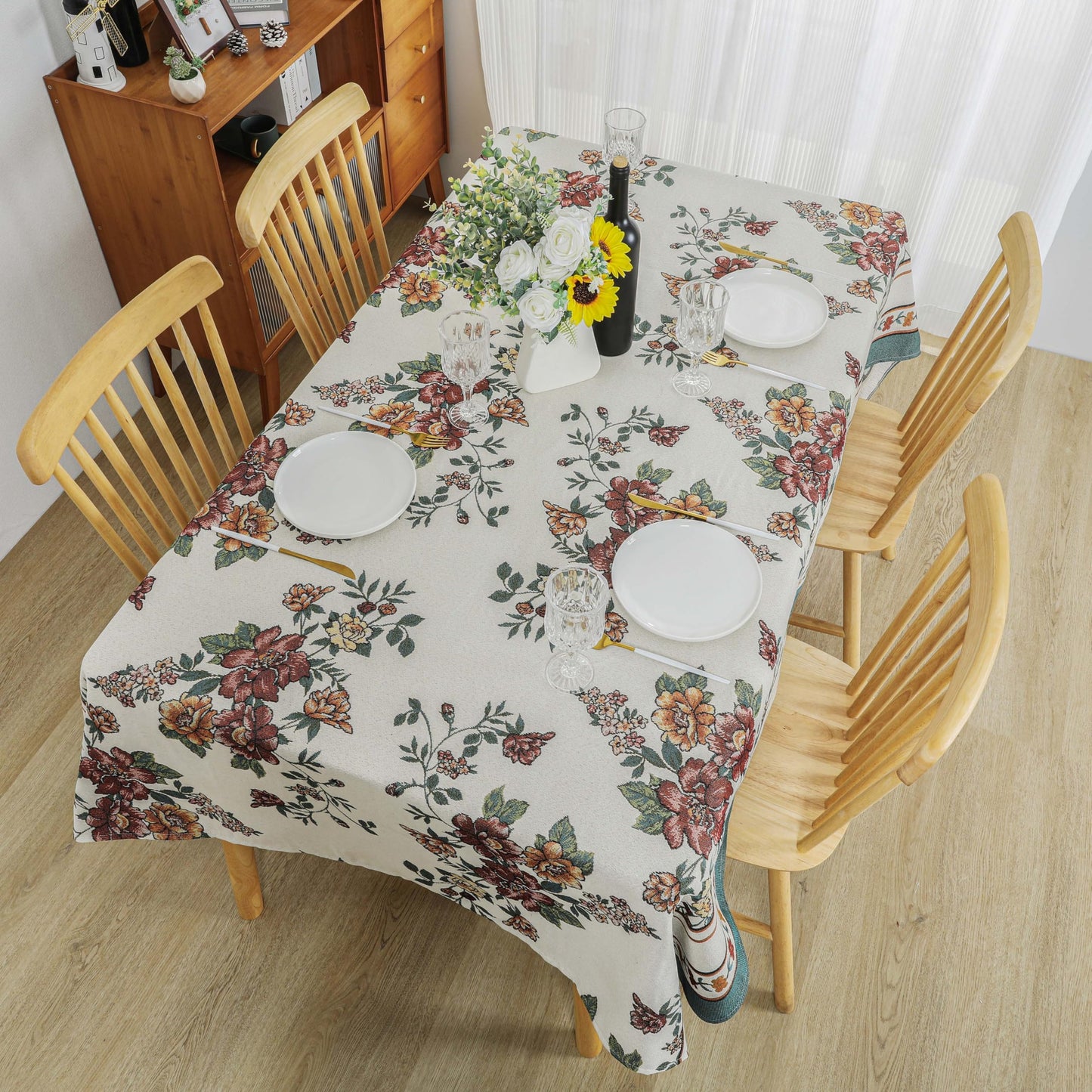 Dimatic Cotton and Linen Rectangular Tablecloth with Botanical Elements for Desks, Dining Tables, Home Table Cloths, Party and Holiday Decorations, Red 55 x 94 Inches