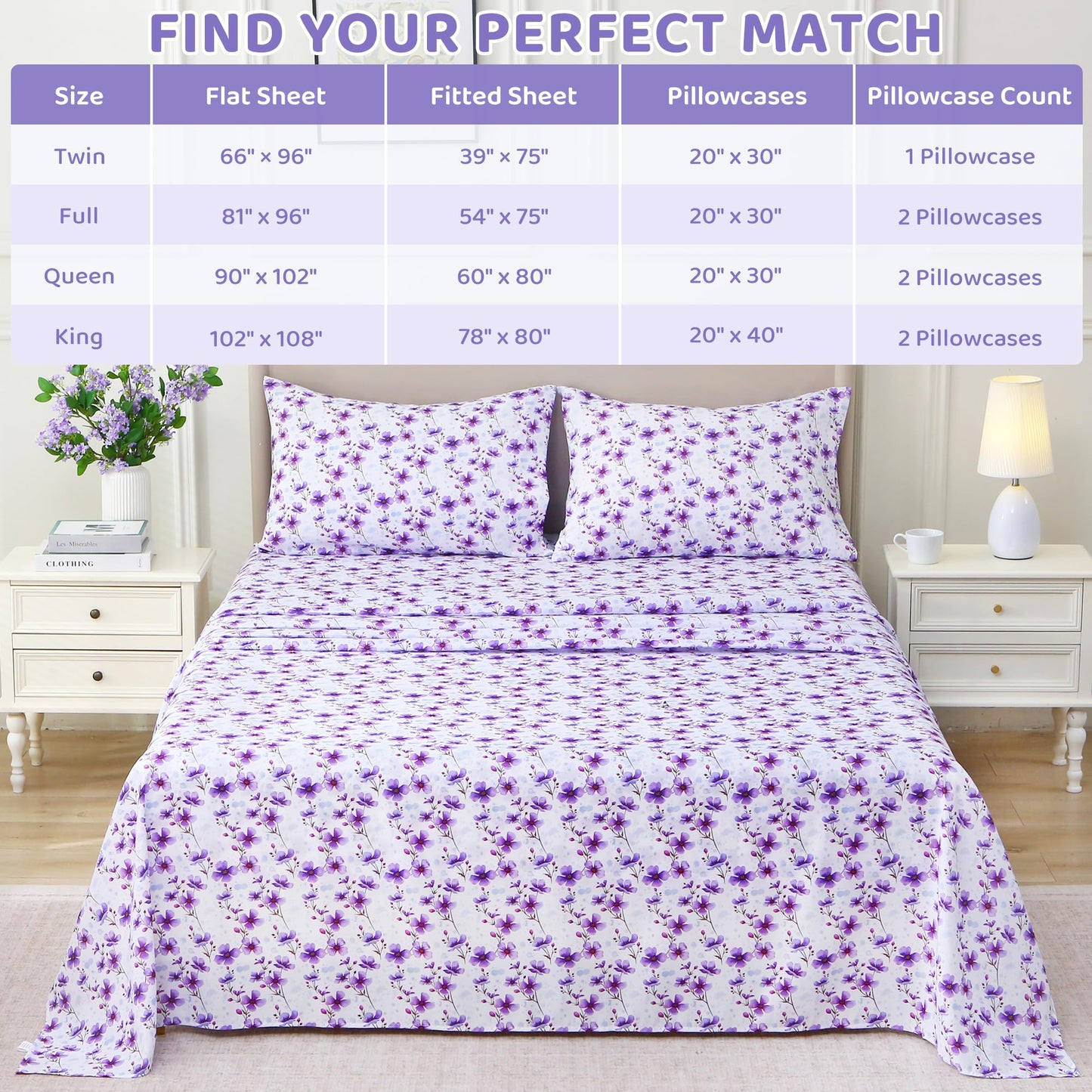 Mooreeke Cozy Floral Microfiber Printed Full Sheet Set - Soft & Breathable Purple Floral Bed Sheets with Deep Pocket - Non-Slip Fitted Design - Purple Flowers Pattern - Full