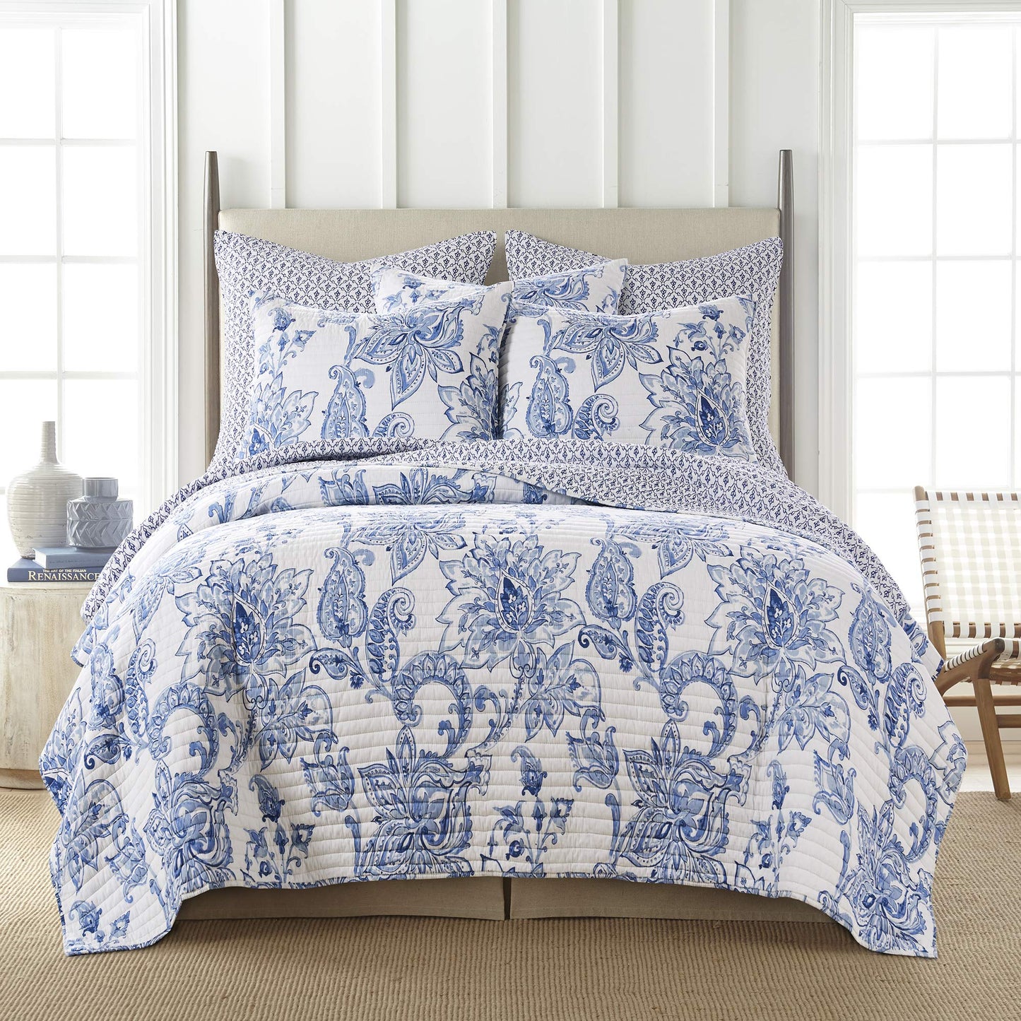 Levtex Home - Bennett Quilt Set - King/Cal King Quilt with Two King Pillow Shams - Floral Paisley - Blue and White - 106x92in and Pillow Sham Size 36x20in - Reversible - Cotton