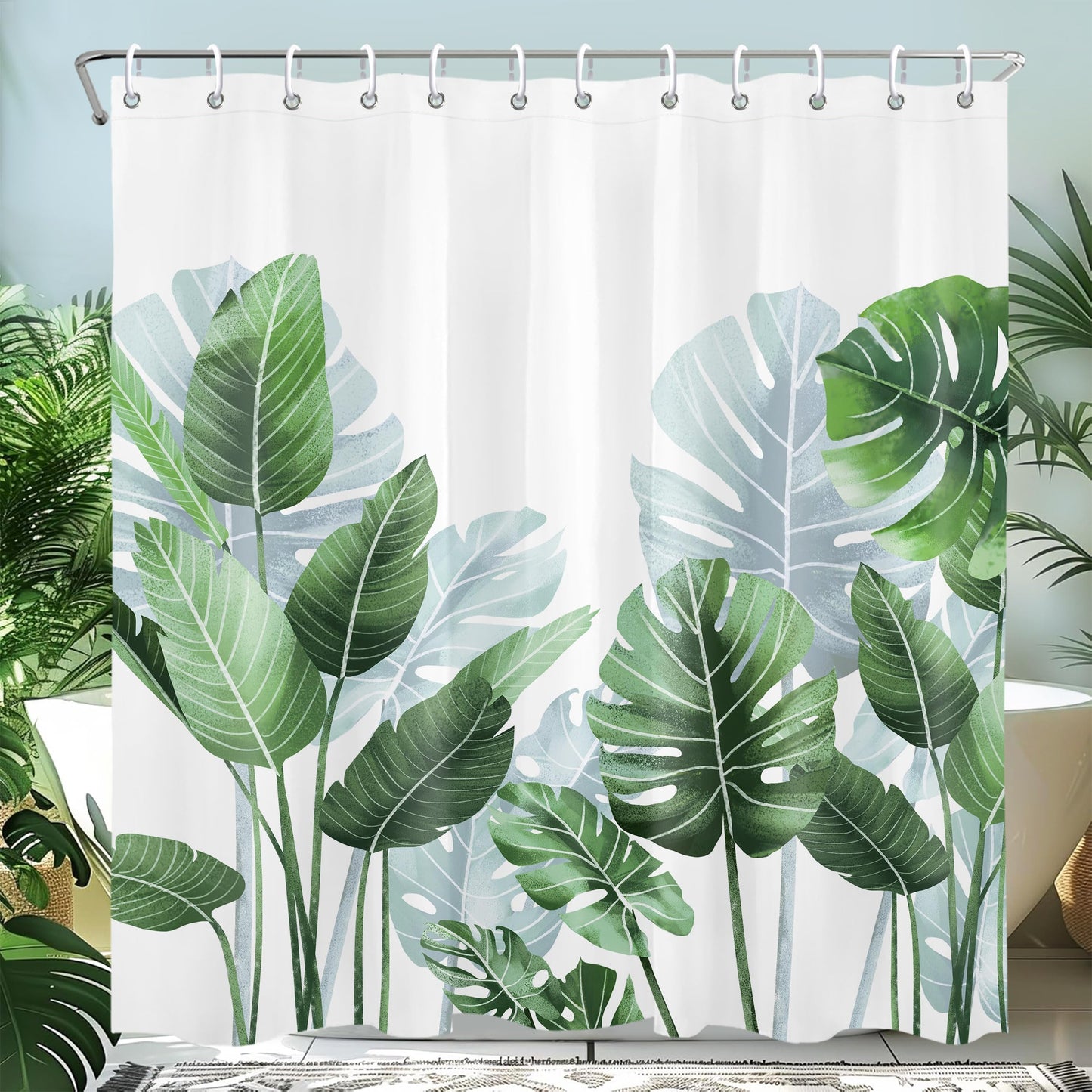 Mayormyth Tropical Green Leaf Shower Curtain Hawaiian Monstera Shower Curtains for Bathroom Boho Plant Palm Leaf Shower Curtain Set Polyester Waterproof Cloth Fabric with Hooks 72x72 Inches