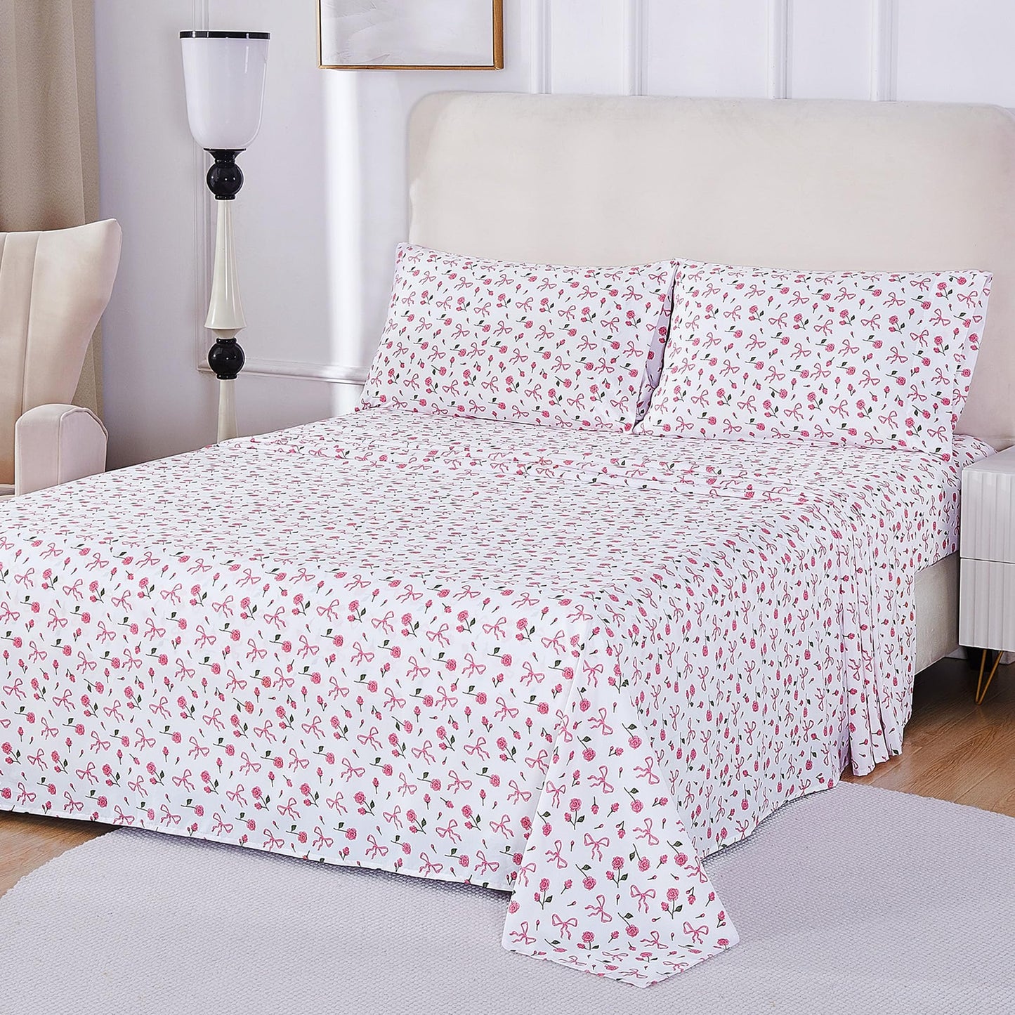 Softan Pink Floral Full Bed Sheets, Cozy Microfiber Flower Printed Sheets with 15" Deep Pocket Fitted Sheet & Non-Slip Straps, Patterned Pink Rose - Bow Sheets & Pillowcase Set