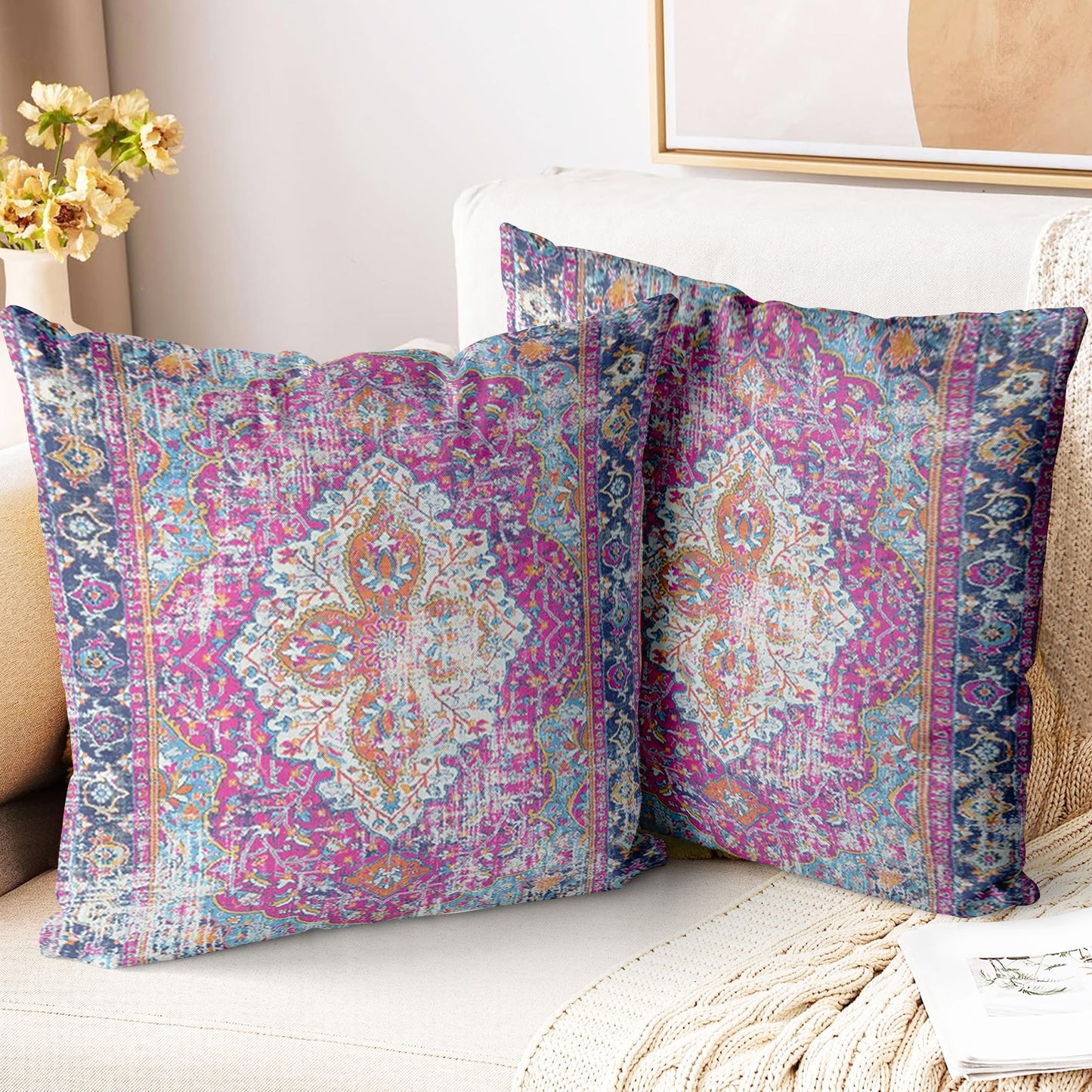 ZSYTZL Boho Throw Pillow Covers 18x18 inch Set of 2,Soft Pillowcases Bohemia Carpet Printing Pattern Decorative Sofa Living Room Bed Square Pillow Case Cushion Cover-Purple