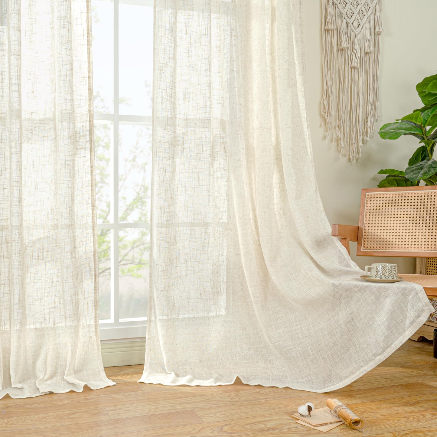 LAMIT Natural Ivory Semi Sheer Linen Curtains 84 inch Long, Cream White Light Filtering Living Room Panels Back Tab and Rod Pocket Neutral Drapes for Bedroom/Farmhouse, 2 Panels, 52 x 84 Inch