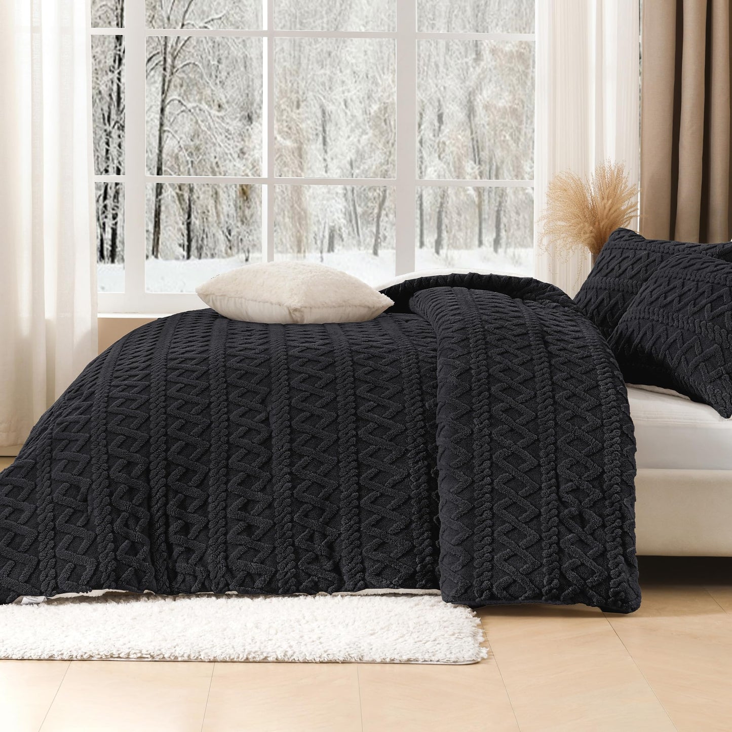 Andency Fluffy Comforter Set Queen Size, Black Sherpa Fleece Super Soft Warm Bedding for Winter, Luxury Boho Jacquard Thick Fuzzy Plush Bed Set 3 Pieces(1 Shaggy Comforter, 2 Pillowcases)
