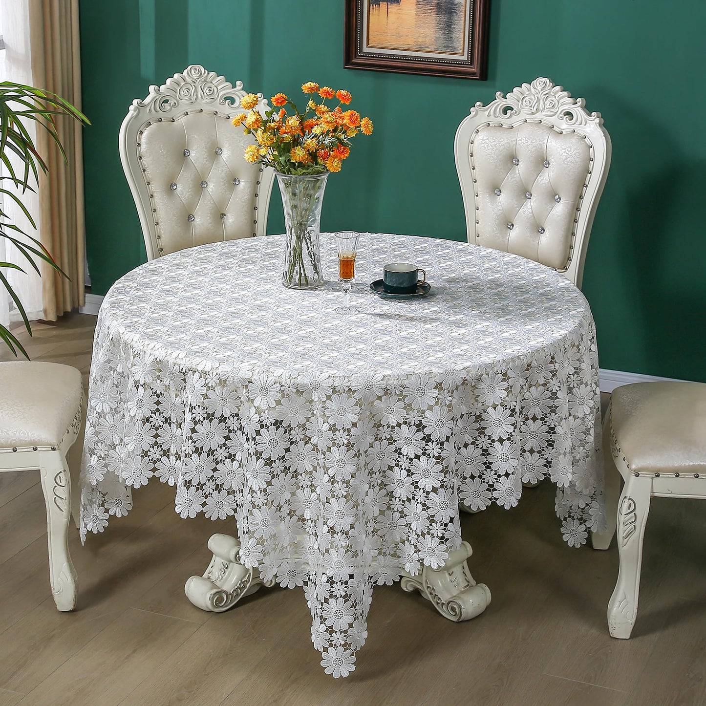 Crochet Tablecloth Farmhouse Lace Table Cloth Rustic Jacquard White Fabric Sheet Picnic TableCover Small for Round/Circular or Square Table Outdoor Holiday Wedding Birthday Party Fall/Winter/Christmas