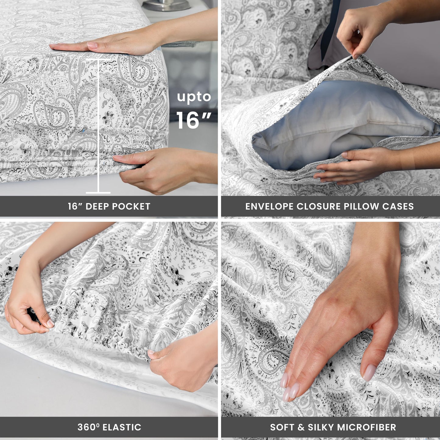 Ultra Soft Wrinkle-Free Microfiber Paisley Twin Sheet Set, Cute Floral Pattern Boho Print – 16" Deep Pocket Fitted Sheet, Flat Sheet & 2 Pillowcases, Breathable, OEKO-TEX - White/Grey