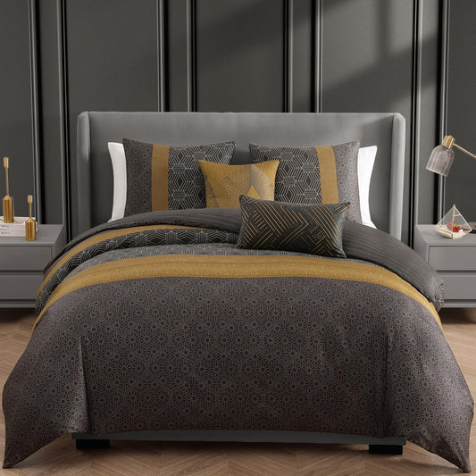 Bebejan Golden Hex 5 Piece Comforter Set, 100% Cotton Sateen, 220 Thread Count, Grey Reversible Bedding Comforter Set, 1 Comforter, 2 Shams & 2 Pillows (King/Cal King)