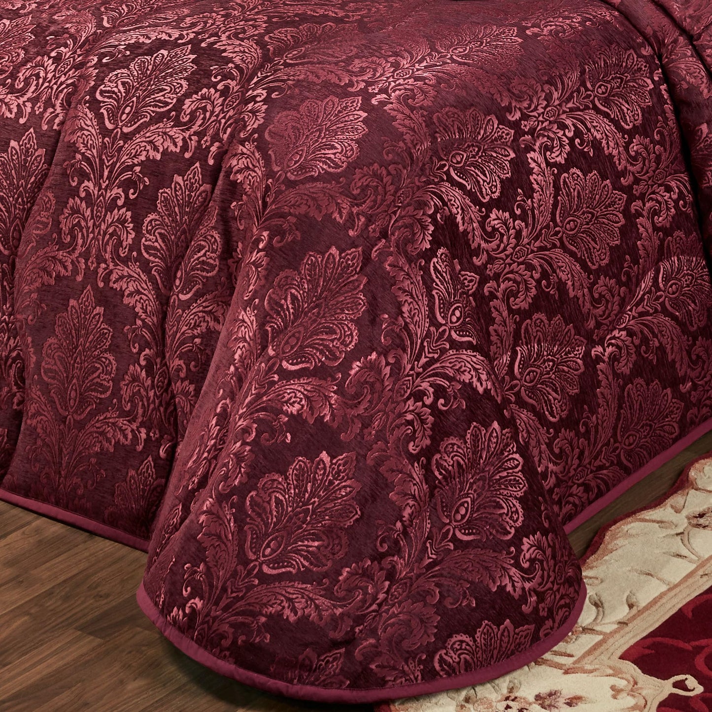 Touch of Class Camelot Luxury Bedding | Robust Burgundy | Matte Satin Damask on Richly Textured Jacquard-Woven Chenille | Designed 3 Piece Set Includes Cal King Quilted Bedspread & 2 King Shams