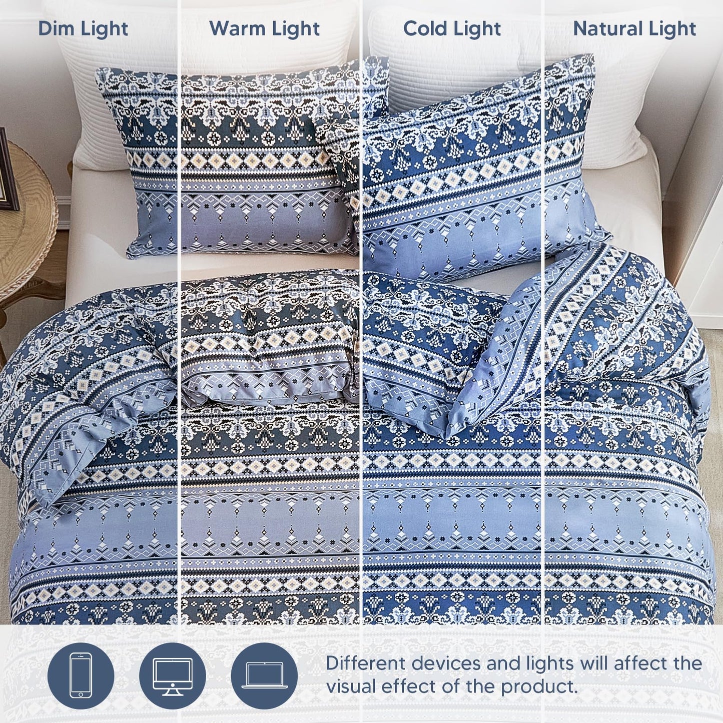 Lekesky Boho Duvet Cover King Size, Blue Comforter Cover King Size White Geometric Floral Printed Duvet Set, 3 Pieces Soft Microfiber Bedding Set with Zipper Ties (King, 104"x90")