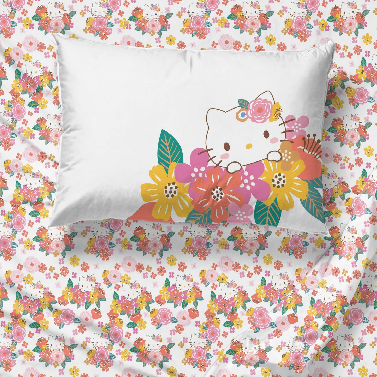Jay Franco Sheet Set with Fitted, Flat Sheets & Pillow Cover - Ultra-Soft Bedding with Pillowcase for Room Decor, Multi - Hello Kitty, 4 Piece Queen