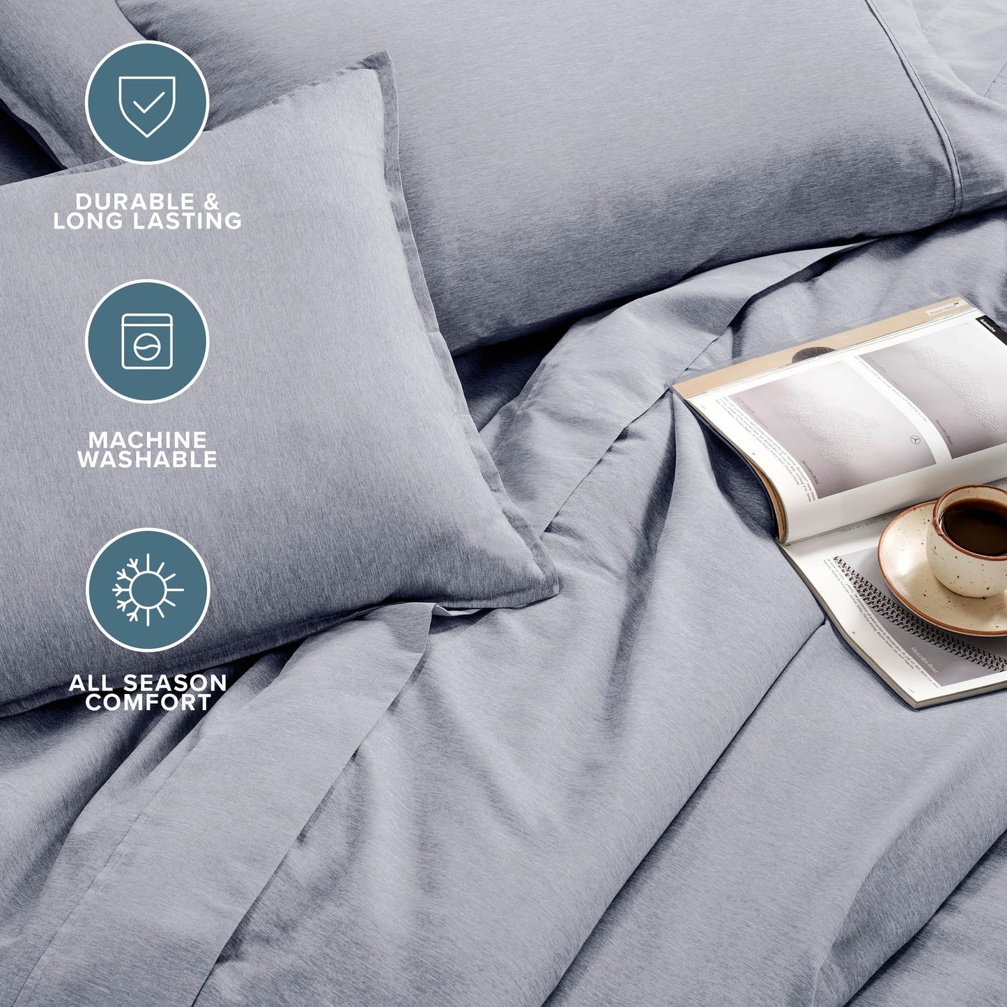 Bare Home Bed-in-A-Bag 7 Piece Comforter & Sheet Set - Queen - Goose Down Alternative - Ultra-Soft 1800 Premium Bedding Set - Cationic (Queen, Heathered Midnight Blue)