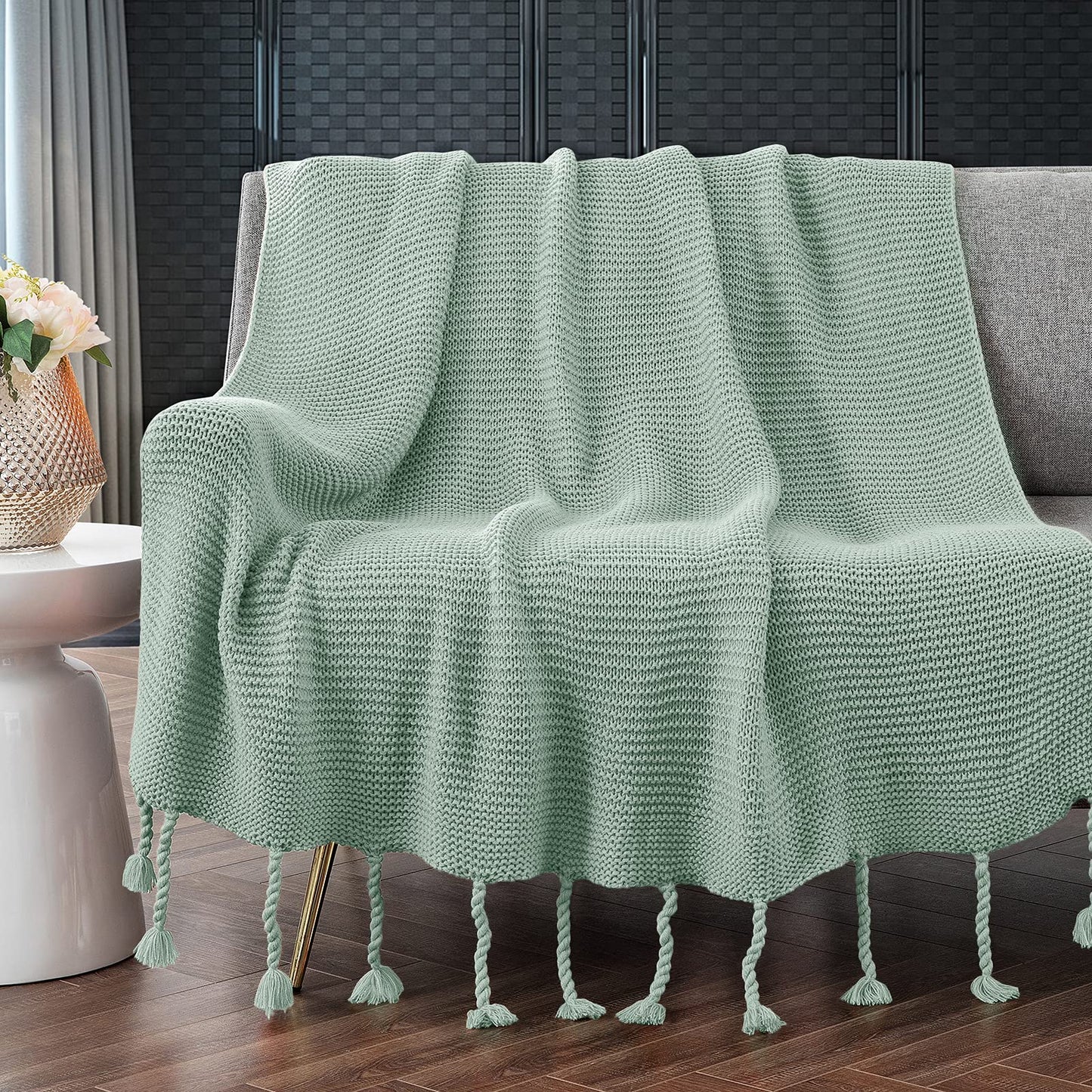 RUDONG M Knitted Throw Blanket with Fringe, Sage Green Knit Throw Blanket for Couch Bed Sofa 50 x 60 Inch