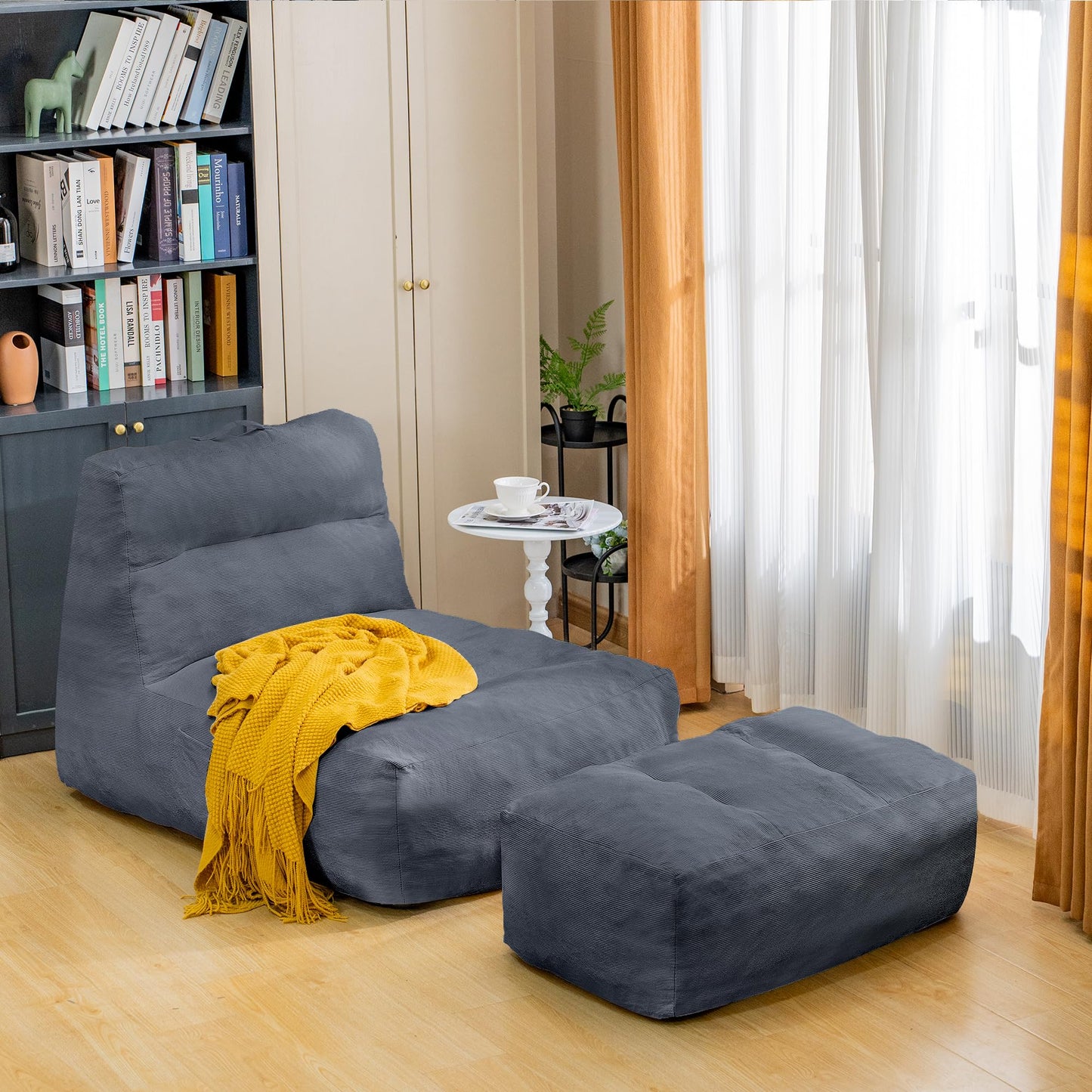 Stmoze Bean Bag Chair with Ottoman, Giant Bean Bag Chairs for Adults with Memory Foam, Comfy Bean Bag Sofa for Bedroom, Lounge Beanbag of Reading and Gaming with Filler Included (Grey)