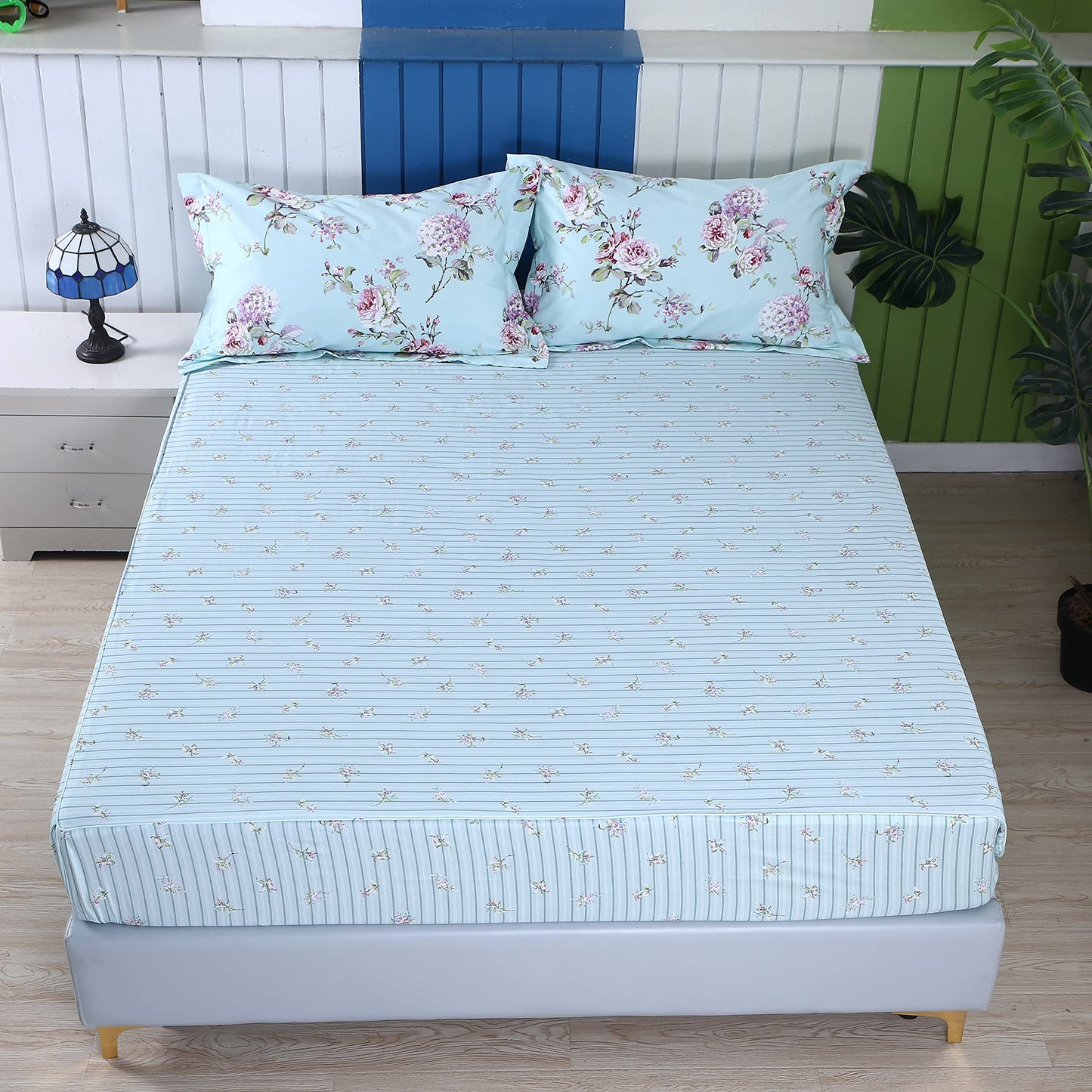 FADFAY Sheet Set King Farmhouse Bedding Rose and Hydrangea Flower Printed 100% Cotton Blue Floral Bed Sheet Shabby Vintage Deep Pocket Fitted Sheet 4-Pieces King