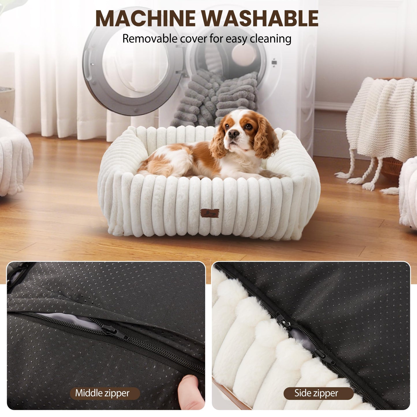 Warmrest Washable Dog Bed for Small Medium Dogs - Rectangle Orthopedic Corduroy Fleece Pet Bed with Removable Cover and Nonskid Bottom, Calming Puppy Bed Soft Pet Sofa, Cream(25x21x7inchs)